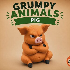 May include: A small orange pig figurine with a textured surface, depicted with a scowling expression and arms crossed over its chest. Above the pig, the text reads GRUMPY ANIMALS PIG. A circular logo with the text AMS is in the bottom right corner.