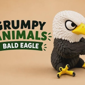 May include: A figurine of a bald eagle with a white head, black body, and yellow beak and talons, sitting with arms crossed. The text GRUMPY ANIMALS BALD EAGLE is printed in black and green on the left side of the eagle against a tan background.