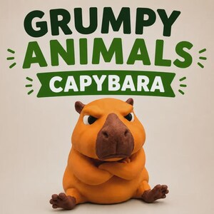 May include: A figurine of an orange capybara with a brown snout and crossed arms, sitting with a grumpy expression. Above the figure, dark green text reads GRUMPY ANIMALS and CAPYBARA on a green banner, accented by small decorative lines.