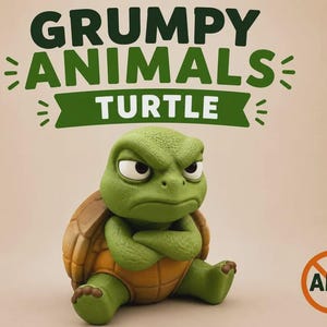 May include: A green turtle figurine with a textured brown shell, sitting with arms crossed and a grumpy facial expression. Above the turtle, the text reads GRUMPY ANIMALS TURTLE in dark green letters. An orange circle with a line through it contains AMS.