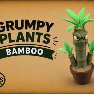 May include: A green bamboo plant figurine with a grumpy facial expression, potted in a brown container. The text GRUMPY PLANTS BAMBOO and a circular AMS logo are visible on the left side of the image against a tan background.