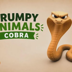 May include: A tan-colored cobra figurine with a textured, scaly body and an angry facial expression. The text GRUMPY ANIMALS COBRA is displayed in dark green and white, with a small orange circular logo containing the letters AMS in the corner.