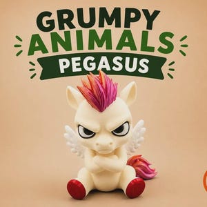 May include: A cream-colored pegasus figurine with a grumpy expression, crossed arms, and a pink and orange mane and tail. The text above reads GRUMPY ANIMALS PEGASUS, and a circular orange logo with the letters AMS is in the bottom right corner.