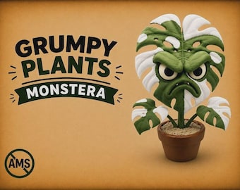 Könnte beinhalten: Eine Monstera-Pflanzenfigur mit panaschierten grünen und weißen Blättern, die einen mürrischen Gesichtsausdruck mit großen Augen und gerunzelter Stirn zeigt und in einem braunen Topf steht. Der Text lautet GRUMPY PLANTS MONSTERA und AMS.
