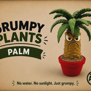 May include: A brown palm plant figurine with a grumpy facial expression, green fronds, and a red pot. The text reads GRUMPY PLANTS PALM and No water. No sunlight. Just grumpy. An AMS logo is visible in the corner of the beige background.