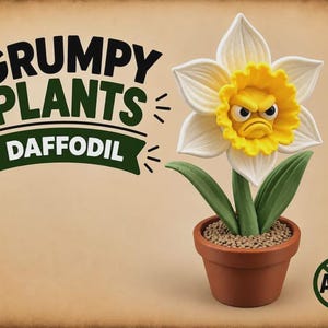 May include: A potted daffodil figurine with white petals and a yellow center featuring an angry facial expression. The text GRUMPY PLANTS DAFFODIL is printed on the left, and an AMS symbol is in the bottom right corner.
