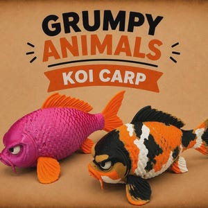 May include: Two koi carp fish figurines with grumpy facial expressions. One fish is bright pink with orange fins, and the other is black, white, and orange. The text GRUMPY ANIMALS KOI CARP is printed in black and orange above the two fish figures.