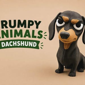 May include: A black and tan dachshund figurine with a grumpy facial expression, featuring large white eyes and furrowed brows. To the left, the text reads GRUMPY ANIMALS DACHSHUND in dark green, with the word DACHSHUND inside a green banner.