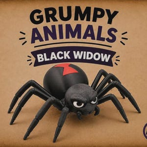 May include: A black spider figurine with a red hourglass marking on its abdomen and a grumpy facial expression. The text GRUMPY ANIMALS and BLACK WIDOW appears above the spider, with an AMS logo in a circle in the bottom right corner.