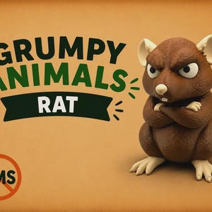 May include: A brown rat figurine with a textured surface, white ears, and white feet, standing with arms crossed. The text GRUMPY ANIMALS RAT appears in dark green and black, with a circular orange AMS logo featuring a diagonal line through it.