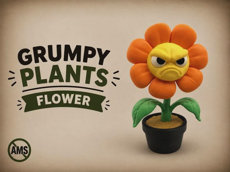 K&ouml;nnte beinhalten: Eine modellierte orangefarbene Blume mit gelber Mitte, die einen m&uuml;rrischen Gesichtsausdruck zeigt, mit gr&uuml;nen Bl&auml;ttern und einem braunen Stiel in einem schwarzen Topf. Links steht der Text GRUMPY PLANTS FLOWER, unten links ein AMS-Logo im Kreis.