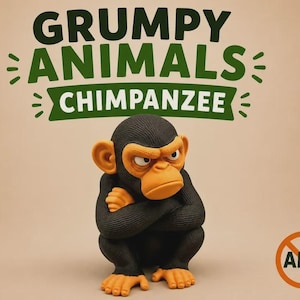 May include: A figurine of a chimpanzee with black fur and orange skin on its face, ears, and hands. The chimpanzee is sitting with its arms crossed and a scowling expression. Above the figure, the text reads GRUMPY ANIMALS CHIMPANZEE.