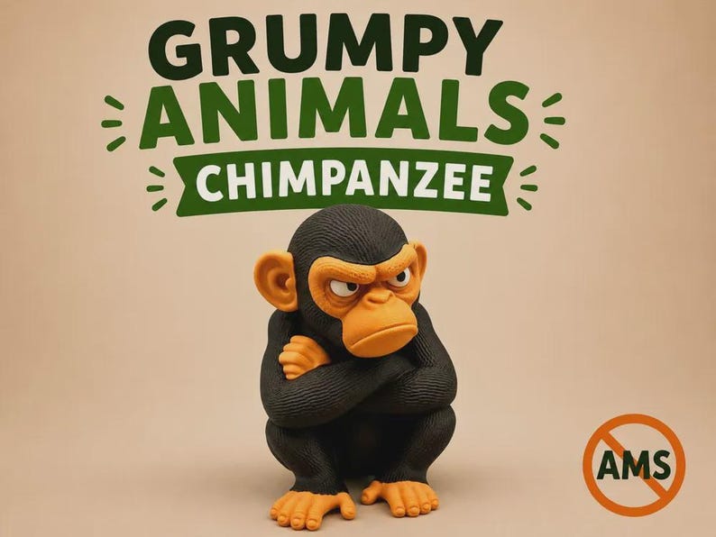 May include: A figurine of a chimpanzee with black fur and orange skin on its face, ears, and hands. The chimpanzee is sitting with its arms crossed and a scowling expression. Above the figure, the text reads GRUMPY ANIMALS CHIMPANZEE.