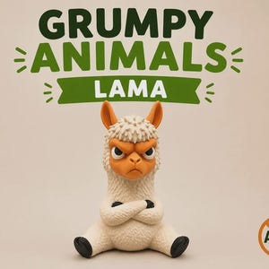 May include: A cream-colored llama figurine with a textured coat, orange ears, and a grumpy facial expression. The llama is sitting with its arms crossed. Above the figure, the text reads GRUMPY ANIMALS LAMA. An AMS logo is in the bottom right corner.