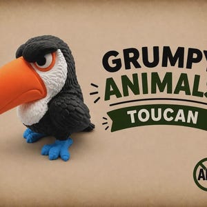 May include: A toucan figurine with black feathers, a white chest, a large orange beak with a black tip, and bright blue feet. The text GRUMPY ANIMALS TOUCAN is printed to the right of the bird, along with a circular logo containing the letters AMS.