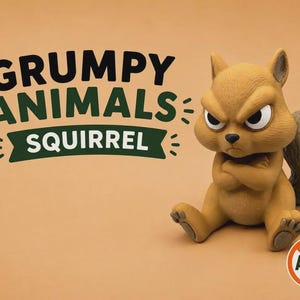 Puede incluir: Una figura de ardilla de color canela con una cola gris tupida, sentada con los brazos cruzados y una expresión facial severa. El texto GRUMPY ANIMALS SQUIRREL aparece en negro y verde, con un pequeño logotipo circular con las letras AMS.