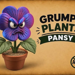 May include: A purple and blue pansy flower with a grumpy facial expression, green leaves, and a brown pot. The text reads GRUMPY PLANTS PANSY and AMS inside a circle. The background is a light tan color with a vintage-style border.