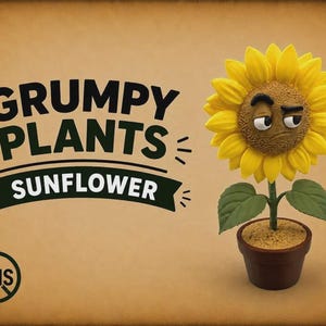 May include: A sunflower figurine with a grumpy facial expression, featuring yellow petals and a brown center, planted in a small brown pot. The text GRUMPY PLANTS SUNFLOWER is displayed to the left, with an AMS logo in a circle at the bottom left.