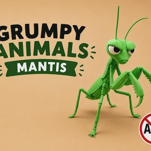 May include: A bright green articulated mantis figure with a stern facial expression. The text GRUMPY ANIMALS MANTIS is displayed in black and green lettering. A circular white icon with a red border and the letters AMS is in the corner.