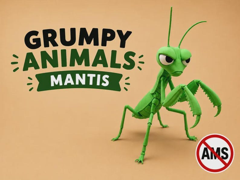 May include: A bright green articulated mantis figure with a stern facial expression. The text GRUMPY ANIMALS MANTIS is displayed in black and green lettering. A circular white icon with a red border and the letters AMS is in the corner.