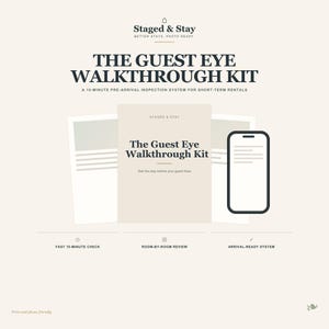 Op de afbeelding: De Guest Eye Walkthrough Kit, een 10-minuten inspectiesysteem voor aankomst voor kortetermijnverhuur. Bevat een document met de titel, een smartphone-icoon en tekst die een snelle 10-minuten controle en kamer-voor-kamer beoordeling aangeeft.
