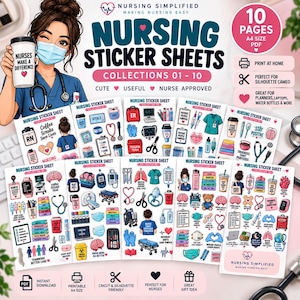 Op de afbeelding: Een digitale collectie van 10 stickervellen voor verpleegkundigen in A4 PDF-formaat. De afbeelding toont een geïllustreerde verpleegkundige met een stethoscoop en koffiebeker, naast diverse medische stickers met organen en instrumenten.