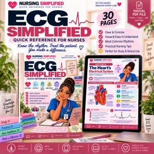 May include: A digital PDF guide titled ECG Simplified Quick Reference for Nurses, featuring 30 pages of medical content. The cover and internal pages display illustrations of the heart, cardiac conduction systems, and nursing notes with pink and blue accents.
