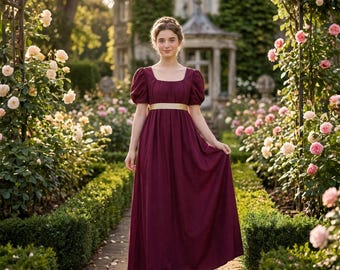 Regency Dress, Bridgerton Dress, Square Neck Puff Sleeve Empire Waist Gown, Gothic Wedding Dress, Jane Austen Ball Costume