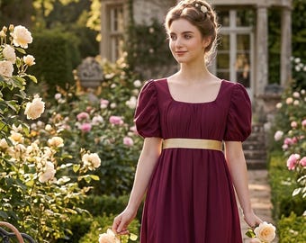 Abito Regency, Abito Bridgerton, Abito Impero con scollo quadrato e maniche a sbuffo, Abito da sposa gotico, Costume da ballo Jane Austen