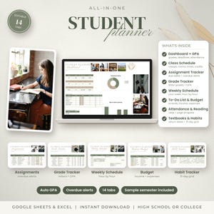 Op de afbeelding: Een alles-in-één studentenplanner digitaal sjabloon voor Google Sheets en Excel. Bevat een dashboard, cijferlijst, lesrooster, opdrachtenoverzicht, budgetplanner, takenlijst, aanwezigheidsregistratie en een gewoonte-tracker.