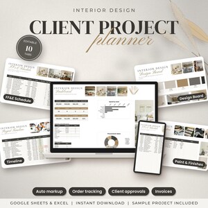 May include: An interior design client project planner digital template displayed on a laptop and tablet screen. The layout includes tabs for FF&E schedule, design board, project timeline, and paint & finishes, featuring charts, tables, and data tracking.