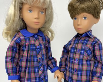 Vestido o camisa elegante de tartán azul real para muñeca Sasha de 16/17"