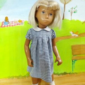 Short Sleeved Classic Gingham Dress Outfit for Sasha doll Girl, Toddler or Baby. Denim blue