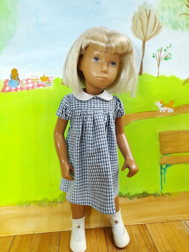 Short Sleeved Classic Gingham Dress Outfit for Sasha doll Girl, Toddler or Baby. Denim blue
