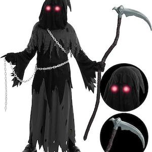 May include: A black hooded robe costume featuring a tattered hem, long sleeves, and a silver-colored plastic chain accessory. The hood includes glowing red eyes. A separate silver-colored scythe prop with a textured brown handle is included.