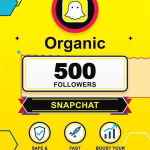 May include: A yellow graphic advertisement featuring a white ghost icon on a yellow square with a red border. The text reads Organic 500 FOLLOWERS SNAPCHAT. Below are three circular icons representing safe and secure, fast delivery, and boost your account.