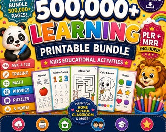 May include: A digital educational bundle featuring the text THE ULTIMATE 500,000+ LEARNING PRINTABLE BUNDLE KIDS EDUCATIONAL ACTIVITIES. The graphic includes a panda, a lion, colorful activity sheets, and icons for ABC, math, and puzzles.