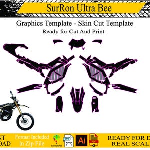 Puede incluir: Una plantilla gráfica digital para motocicleta SurRon Ultra Bee, con patrones de corte de vinilo en negro y morado listos para imprimir. El diseño incluye una pequeña imagen de la moto y etiquetas como Ready for Cut And Print.