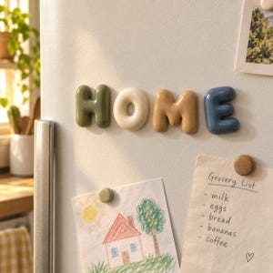May include: A set of four glossy, rounded, three-dimensional letter magnets spelling the word HOME. The H is olive green, the O is cream, the M is tan, and the E is slate blue. These letters are attached to a white refrigerator surface.