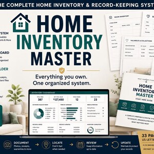 Peut inclure: Un système d'inventaire domestique numérique et imprimable intitulé Home Inventory Master. Comprend un document de 33 pages, un tableau de bord XLSX pour le suivi des valeurs et un modèle de dossier numérique. Inclut des journaux par pièce, des suivis de garantie et des journaux de reçus aux formats US Letter et A4.