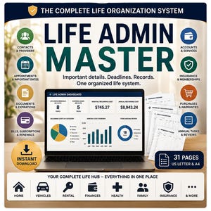 May include: A digital life organization system titled LIFE ADMIN MASTER featuring a laptop displaying a dashboard with charts, financial data, and task tracking. Includes 31 pages in US Letter and A4 sizes, with icons for home, vehicles, rental, finances, health, family, and insurance.