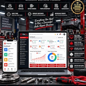 May include: A digital auto repair shop management system displayed on a laptop and smartphone screen. The interface features dashboards with metrics for customers, vehicles, repair orders, parts inventory, invoices, and business reports in red and white.