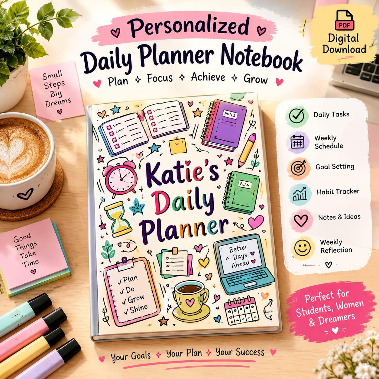 Personalized Doodle Daily Planner Notebook, Productivity Journal (Digital Download)
