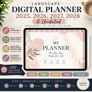 May include: A landscape digital planner displayed on a tablet screen featuring a watercolor design with the text My Planner, Plan Your Day, Design Your Life, and icons for plan, focus, achieve, and repeat. Includes tabs for calendar, yearly, monthly, weekly, daily, goals, projects, finance, wellness, and notes.