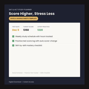 Op de afbeelding: Een SAT & ACT studieplanner Excel en Google Sheets sjabloon met een donkere achtergrond. De interface toont testdatum Dec 5, streefscore 1350, laatste score 1320, een wekelijks studieschema, een scorelogboek en een checklist voor vaardigheden.