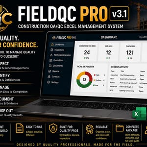 May include: A laptop displaying the FieldQC Pro v3.1 dashboard, a construction QA/QC Excel management system. The screen shows inspection metrics, NCRs, punch lists, and recent activity. The interface includes icons for dashboard, inspections, and reports.