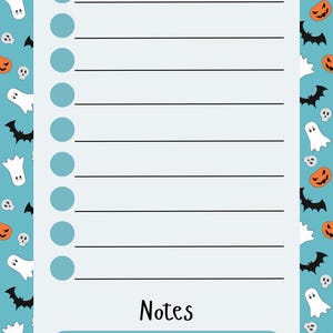 May include: A rectangular to-do list notepad with a light blue background featuring a repeating pattern of white ghosts, black bats, and orange jack-o'-lanterns. The center has a white panel with the text To Do List, ten lines, and a notes section.