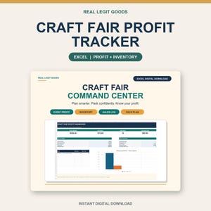 May include: A digital Excel spreadsheet template titled Craft Fair Profit Tracker and Craft Fair Command Center. The interface includes sections for event profit, inventory, sales log, and pack plan, featuring data tables and a bar chart.