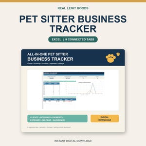 May include: A digital pet sitter business tracker spreadsheet for Excel featuring nine connected tabs. The interface displays a business dashboard with revenue, expenses, and client data, including paw print icons and the text "All-in-one pet sitter business tracker."