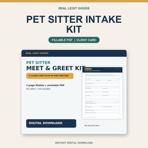 Könnte beinhalten: Ein digitales Pet Sitter Intake Kit mit einem ausfüllbaren und druckbaren 7-seitigen PDF. Das Dokument enthält ein Kennenlern-Set, ein Formular zur Pflegeübersicht und ist in den Formaten US Letter und A4 als sofortiger digitaler Download erhältlich.